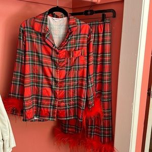 Bon Viviann Red Holiday Plaid Two Piece Pajama Set With Red Feather Trim, S